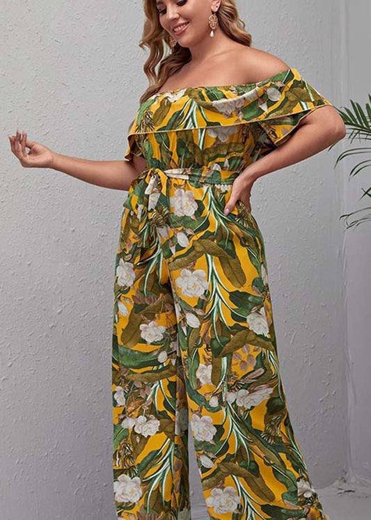 French Yellow Slash Neck Print straight Jumpsuit Short Sleeve