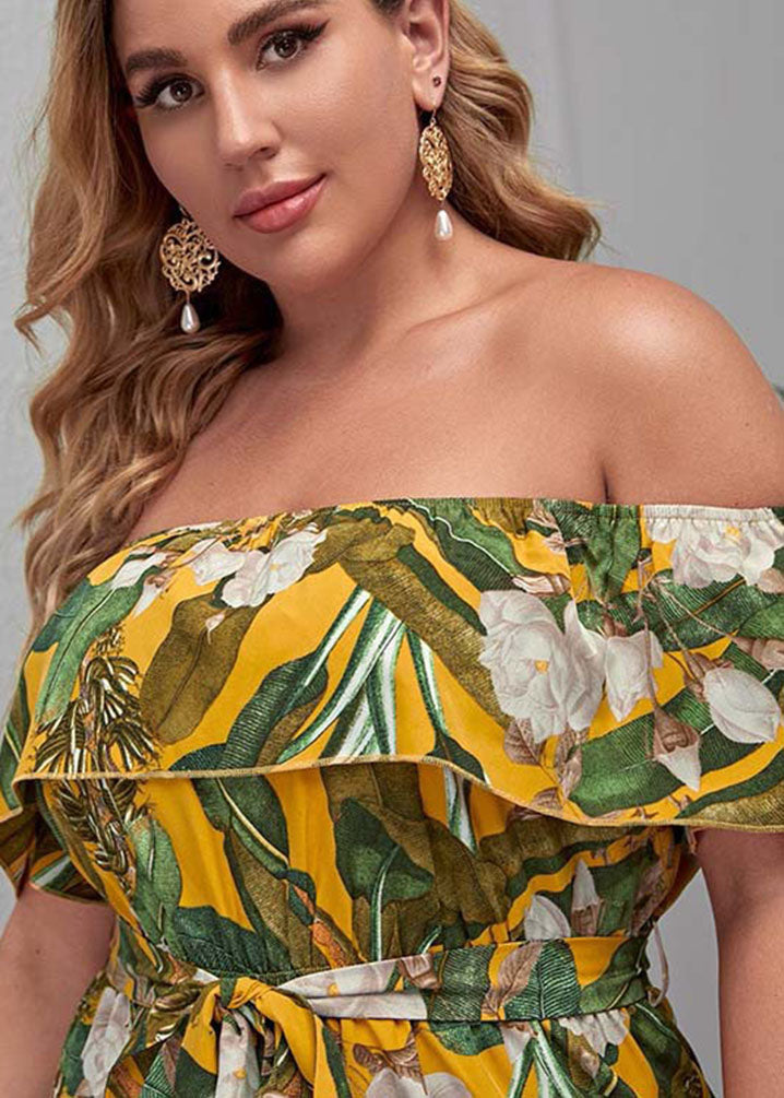 French Yellow Slash Neck Print straight Jumpsuit Short Sleeve