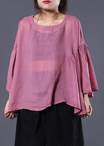 French pink linen tunic top ruffles sleeve daily summer tops