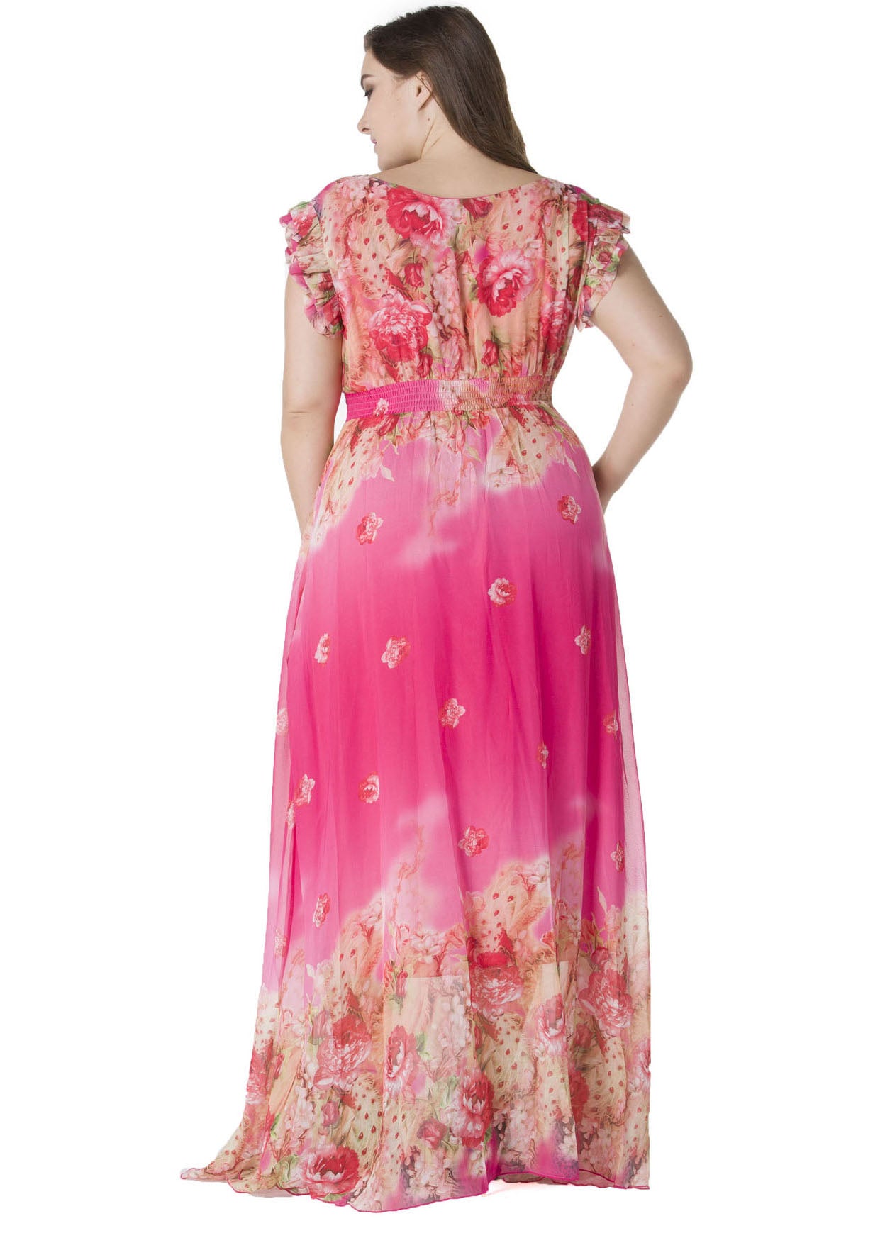 Gradient Color Pink V Neck Print Tunic Chiffon Long Dress Summer