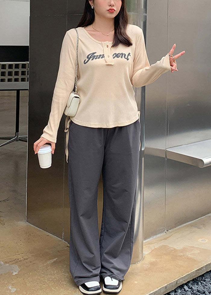 Italian Beige Print Drawstring Cotton Shirts Fall