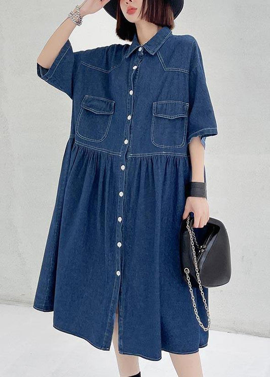 Italian Blue Button Pockets Denim Dresses Summer