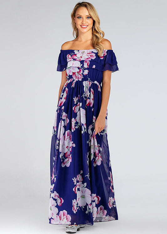 Italian Blue Print Patchwork Chiffon Maxi Dresses Summer