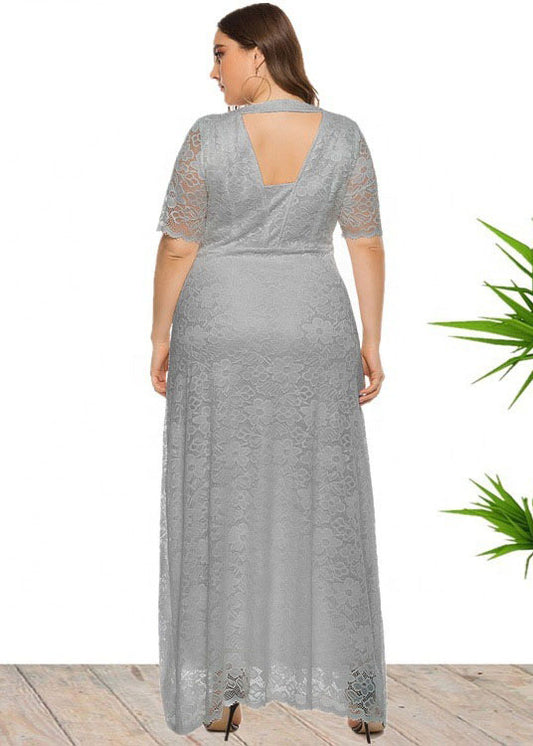 Italian Grey O-Neck Hollow Out Lace Long Dresses Summer