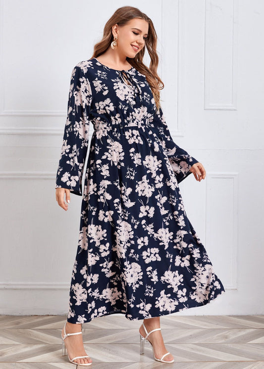 Italian O-Neck Print Elastic Waist Chiffon Maxi Dress Fall