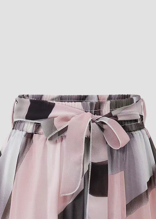 Italian Pink Print Wrinkled Lace Up Patchwork Chiffon Skirts Summer