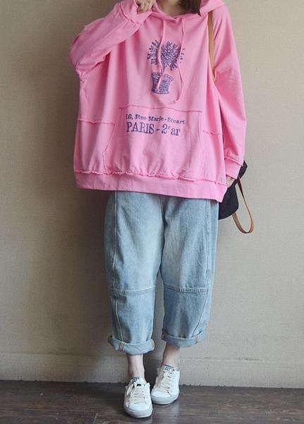 Italian pink print cotton clothes For Women hooded patchwork Plus Size Clothing blouses