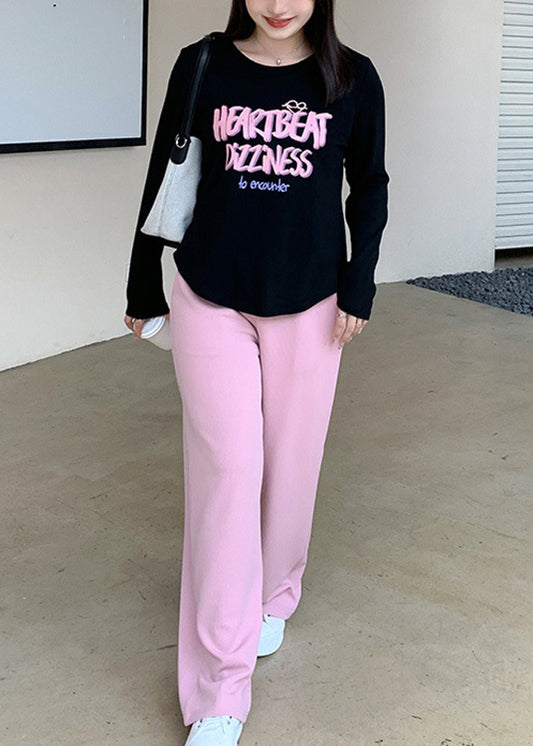 Loose Black O Neck Print Tops And Pink Pants Cotton Two Pieces Set Fall