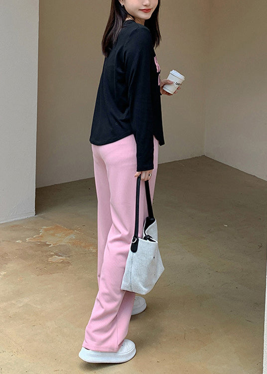 Loose Black O Neck Print Tops And Pink Pants Cotton Two Pieces Set Fall