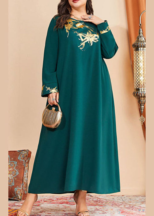 Loose Blackish Green O Neck Print Patchwork Cotton Long Dresses Fall