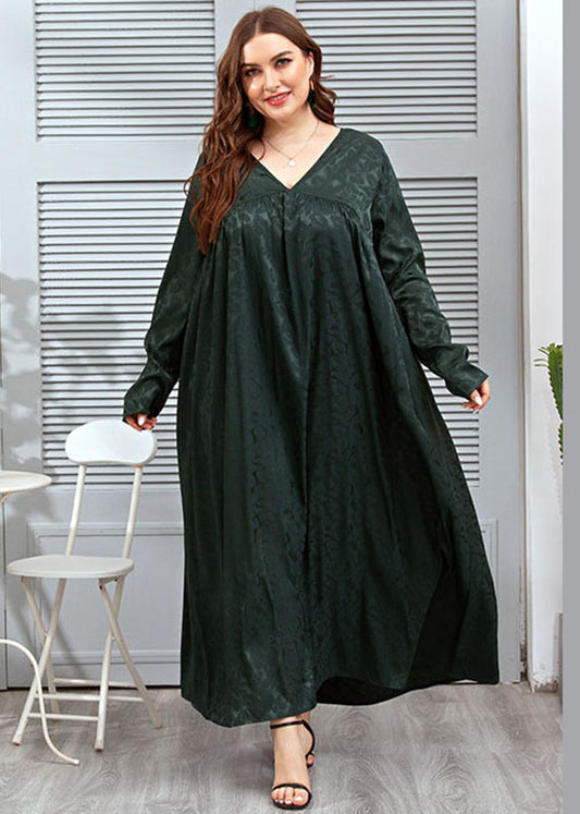 Loose Blackish Green V Neck Jacquard Patchwork Silk Dresses Fall