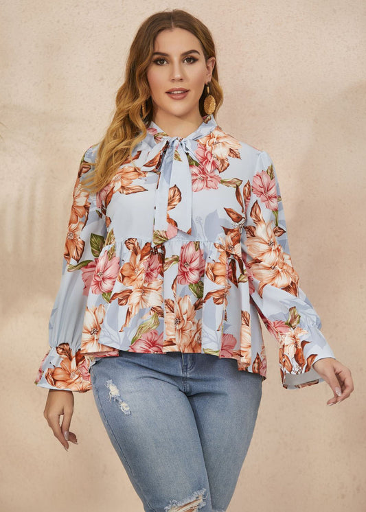 Loose Blue Bow Print Wrinkled Patchwork Chiffon Tops Flare Sleeve