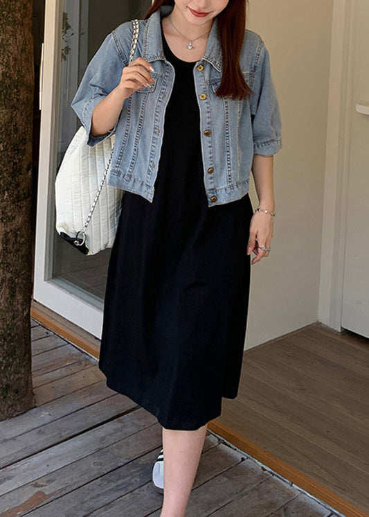 Loose Blue Button Denim Coat And Black Dress Two Piece Suit Fall