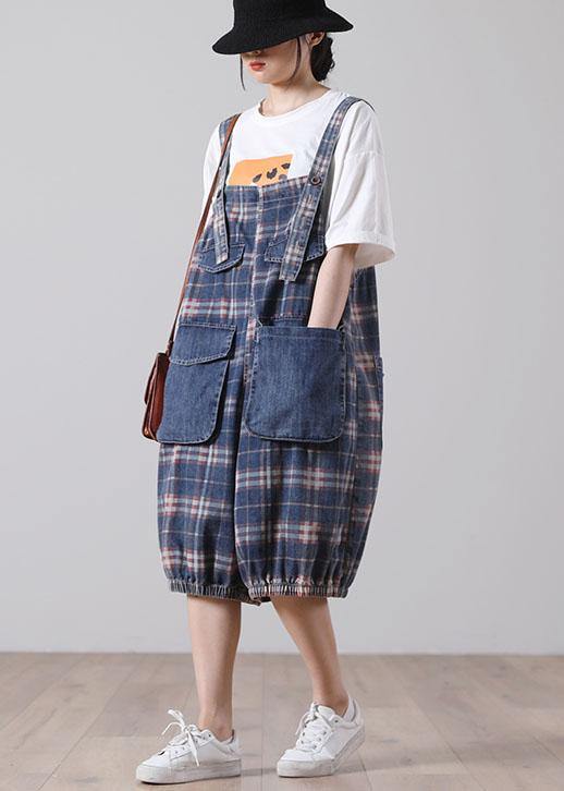 Loose Blue Pockets Plaid Cotton Jeans Jumpsuit Shorts