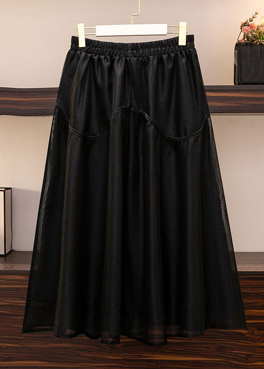 Loose Coffee Wrinkled Elastic Waist Patchwork Tulle Skirts Summer