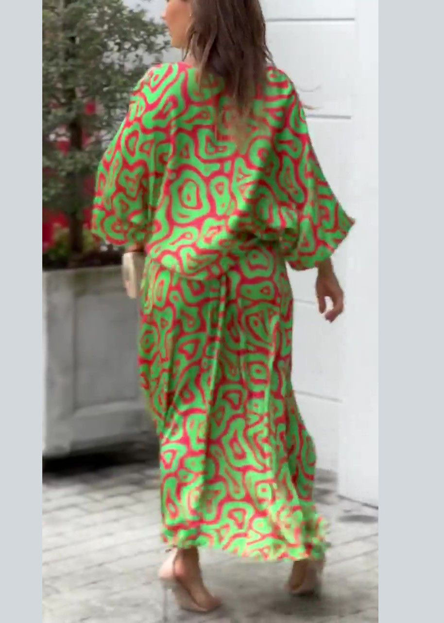 Loose Green O-Neck Print Patchwork Cotton Two Pieces Set Fall