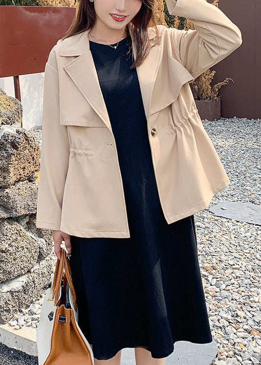 Loose Khaki Notched Button Patchwork Cotton Coats Fall