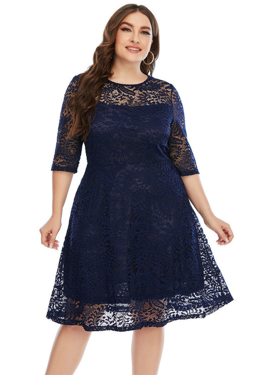 Loose Navy Blue Holiday Lace Mid Dress Summer
