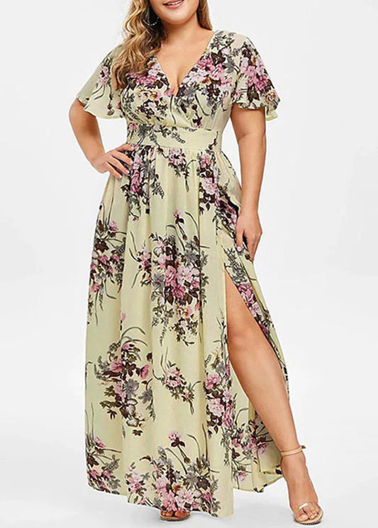 Loose Pink Print Tunic Chiffon Maxi Dress Summer