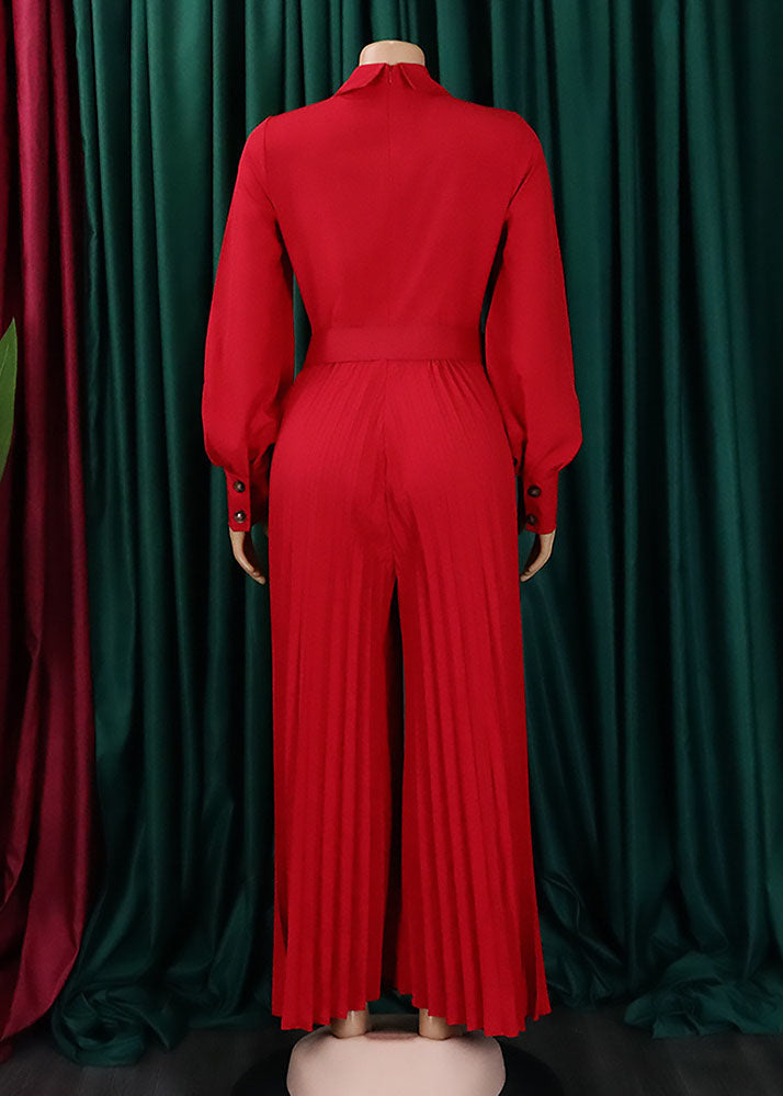 Loose Red Peter Pan Collar Wrinkled Button Spandex Jumpsuit Long Sleeve