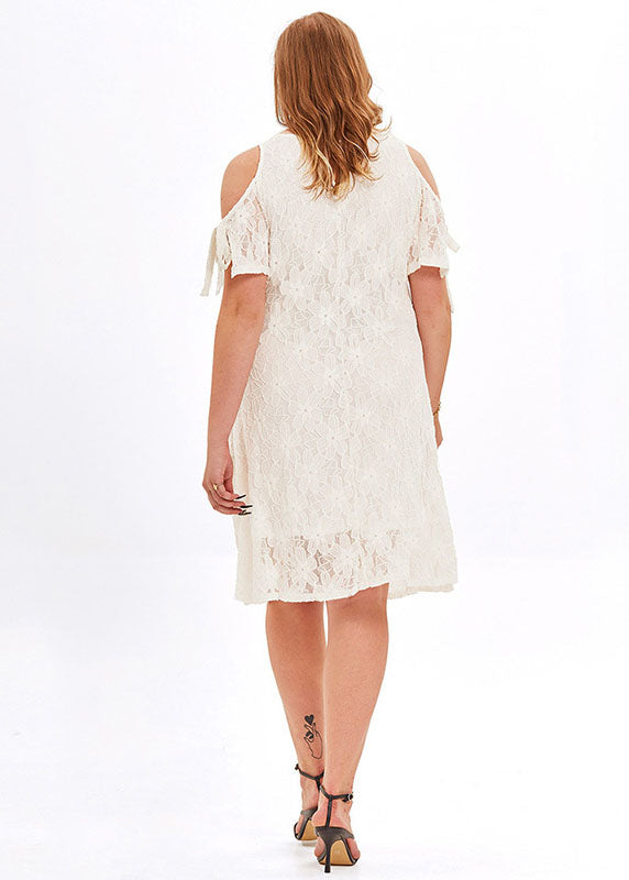 Loose White O-Neck Solid Lace Mid Dresses Summer
