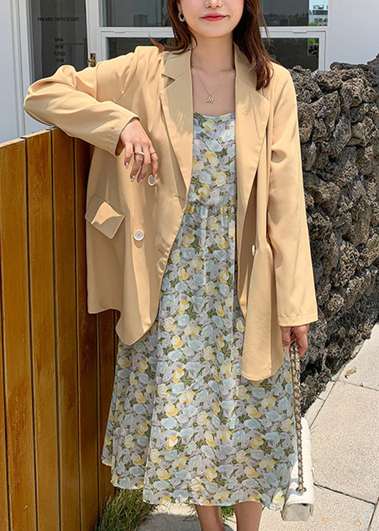 Loose Yellow Button Spandex Coat And Spaghetti Strap Dress Two Pieces Set Fall