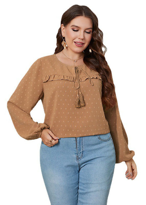 Loose Yellow Ruffled Lace Up Patchwork Chiffon Tops Long Sleeve