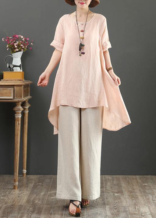Loose o neck asymmetric linen summer linen tops women pattern pink shirts