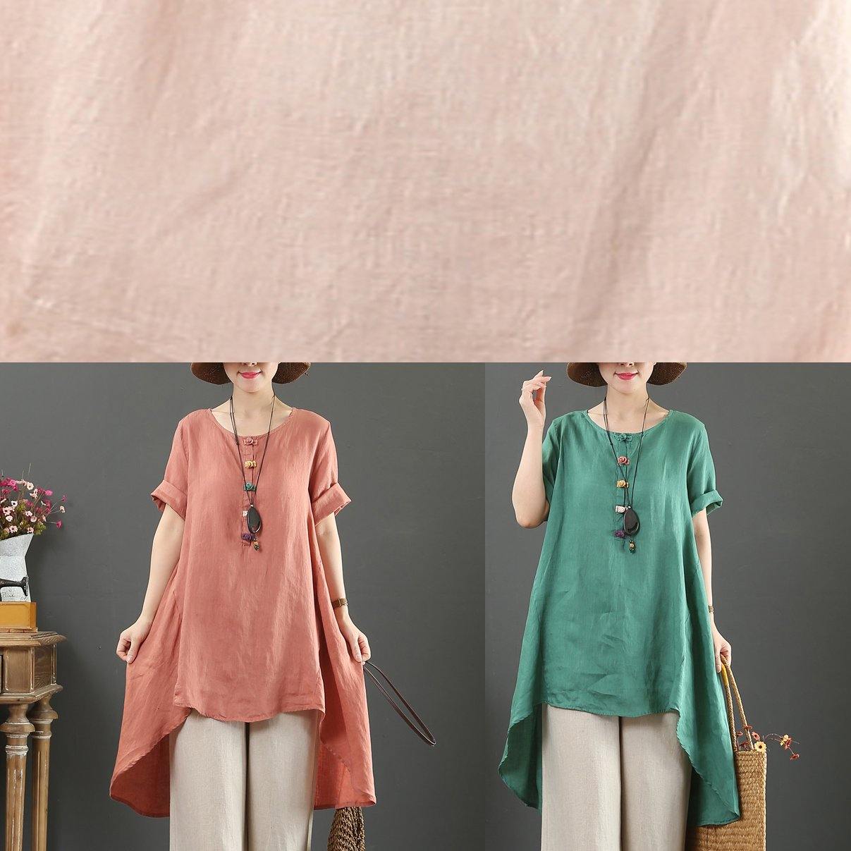 Loose o neck asymmetric linen summer linen tops women pattern pink shirts