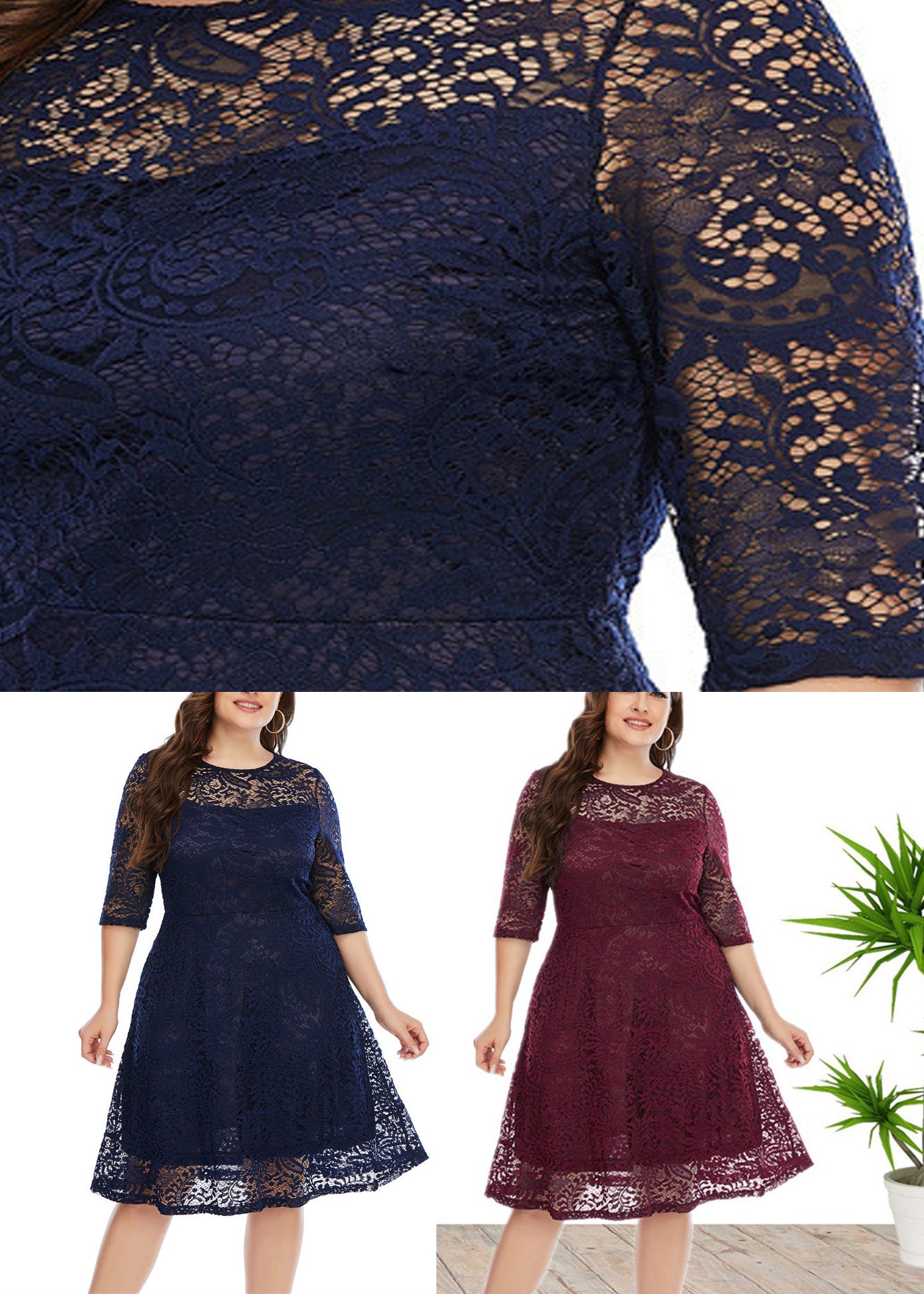 Maroon O-Neck Lace Mid Dress Half Sleeve