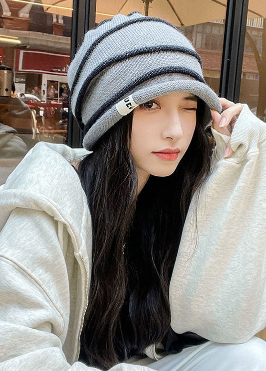 Modern Beige Striped Patchwork Knitted Cotton Bonnie Hat