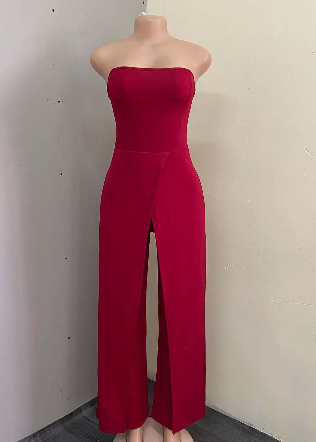 Modern Red Bustier Top Patchwork Side Open Jumpsuit Summer