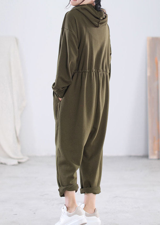 Modern Solid Green Hooded Zippered Drawstring Cotton Overalls Jumpsuit Long Sleeve
