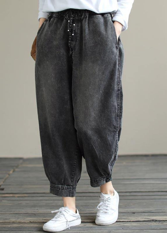 Modern Spring Wide Leg Pants Trendy Plus Size Denim Gray Sewing Elastic Waist Pockets Jeans