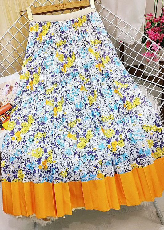 Modern Yellow Elastic Waist Patchwork Print Silk Skirts Spring