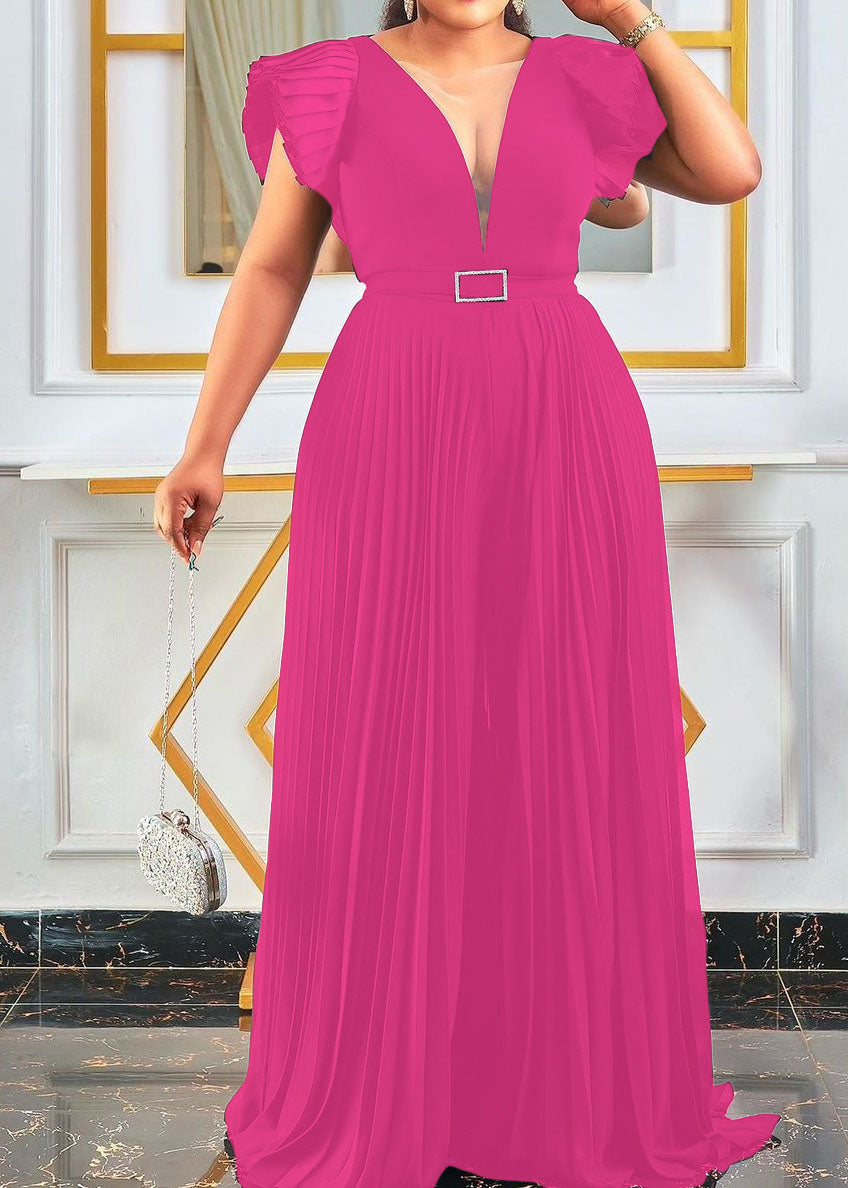 Modern Yellow V Neck Wrinkled Sashes Solid Tulle Patchwork Jumpsuit Summer