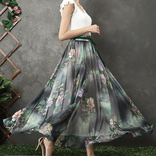 Modern big hem chiffon quilting clothes design black prints A Line Dresses summer