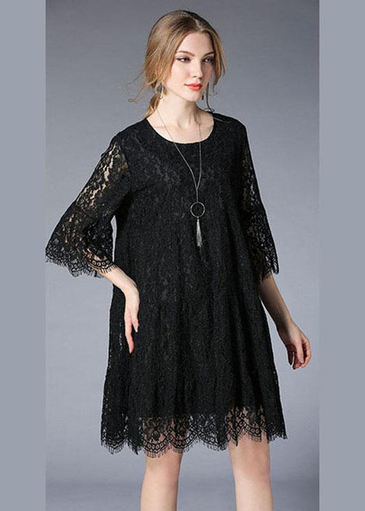 Natural Black Flare Sleeve Hollow Out Spring Holiday Dress