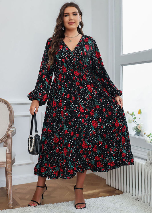 Natural Black Print Wrinkled Chiffon Long Dress Fall