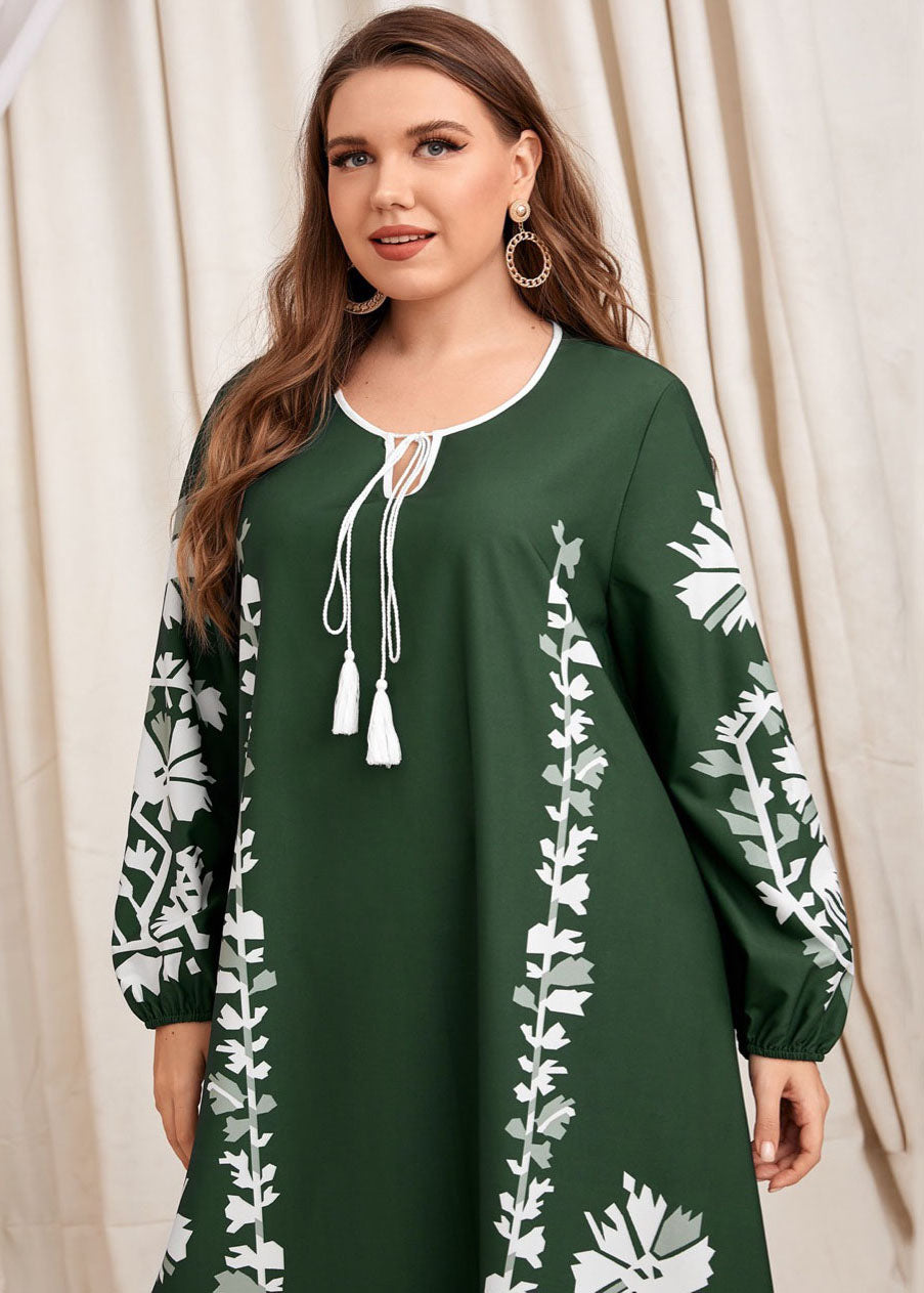 Natural Blackish Green Lace Up Print Patchwork Cotton Dress Fall