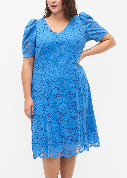 Natural Blue O-Neck Hollow Out Solid Lace Mid Dress Summer