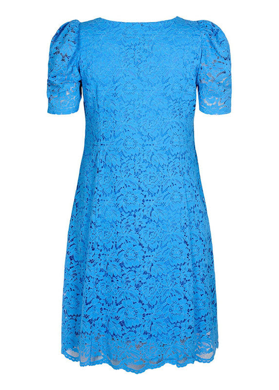 Natural Blue O-Neck Hollow Out Solid Lace Mid Dress Summer