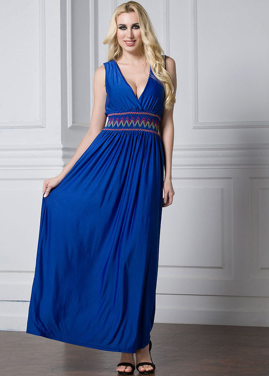 Natural Blue V Neck Bustier Top Wrinkled Elastic Waist Holiday Ice Size Long Dress Summer