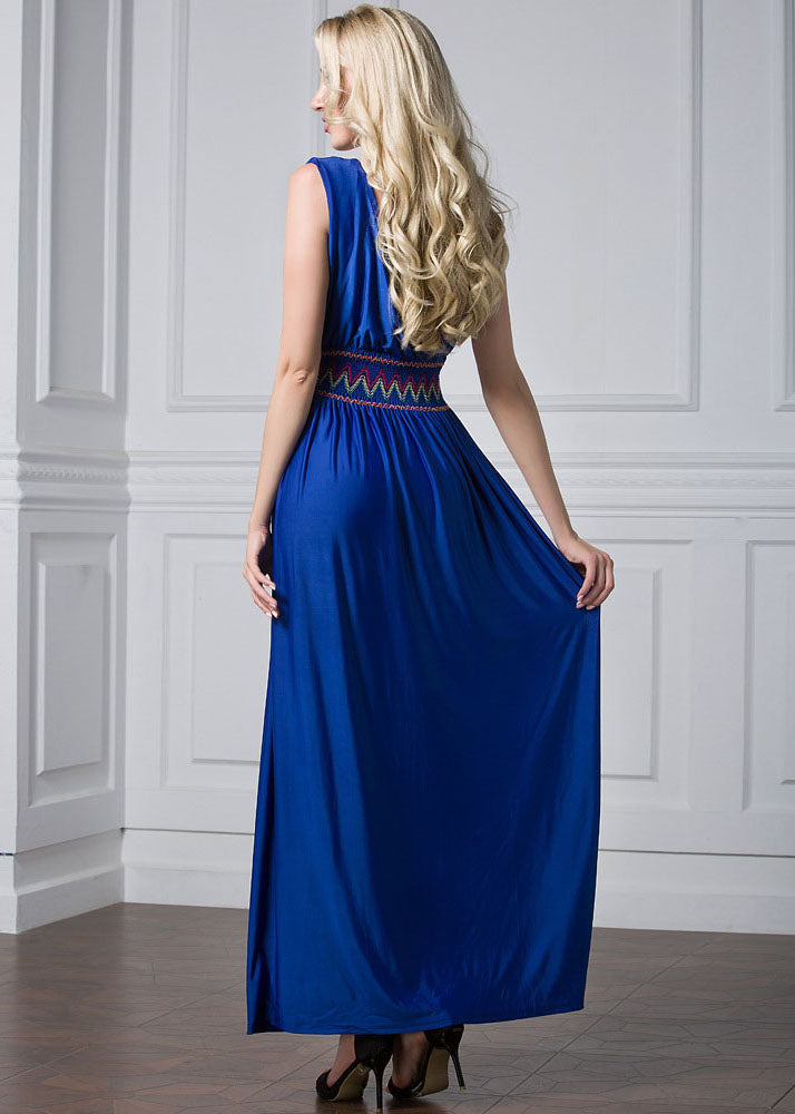 Natural Blue V Neck Bustier Top Wrinkled Elastic Waist Holiday Ice Size Long Dress Summer