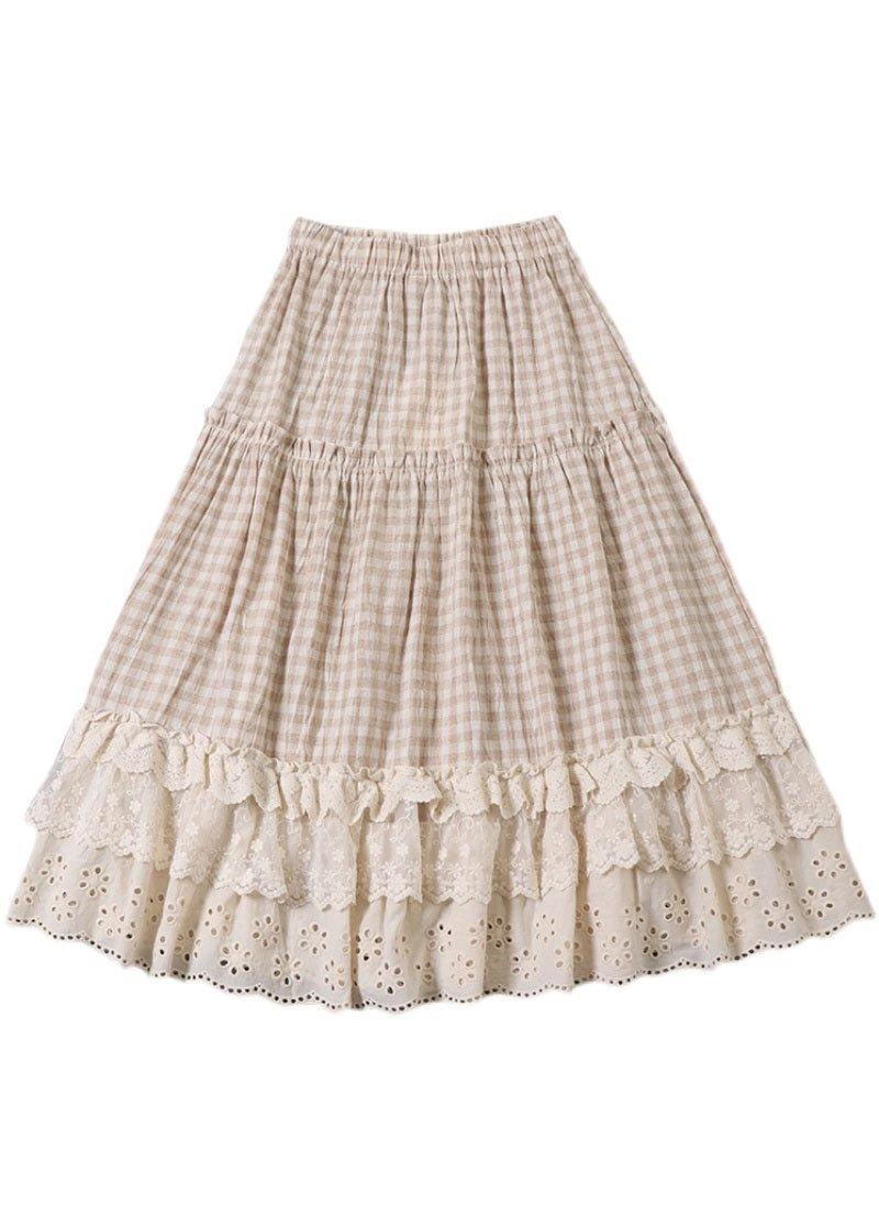 Natural Grey Green Plaid Patchwork Wrinkled Print Fall Skirt