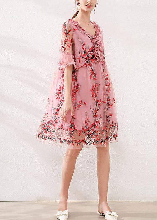 Natural Pink Embroidery Lace Bow Summer Dress
