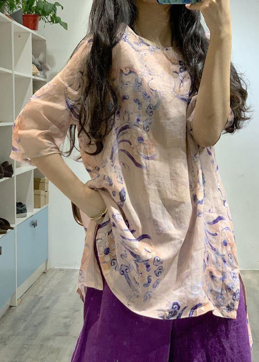 Natural pink prints linen top silhouette low high design short summer shirt