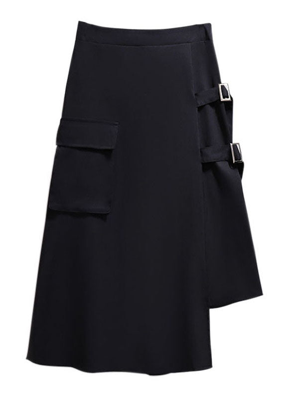 New Black Asymmetrical Pockets Patchwork Cotton Skirts Fall