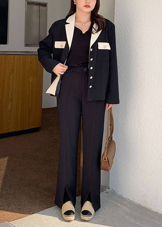 New Black Notched Button Patchwork Spandex Two Pieces Set Fall