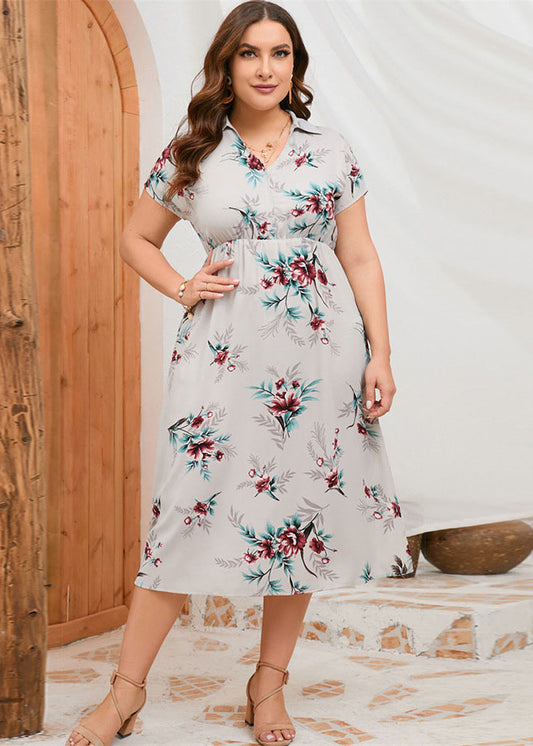 New Light Grey Print Side Open Patchwork Chiffon Dresses Summer